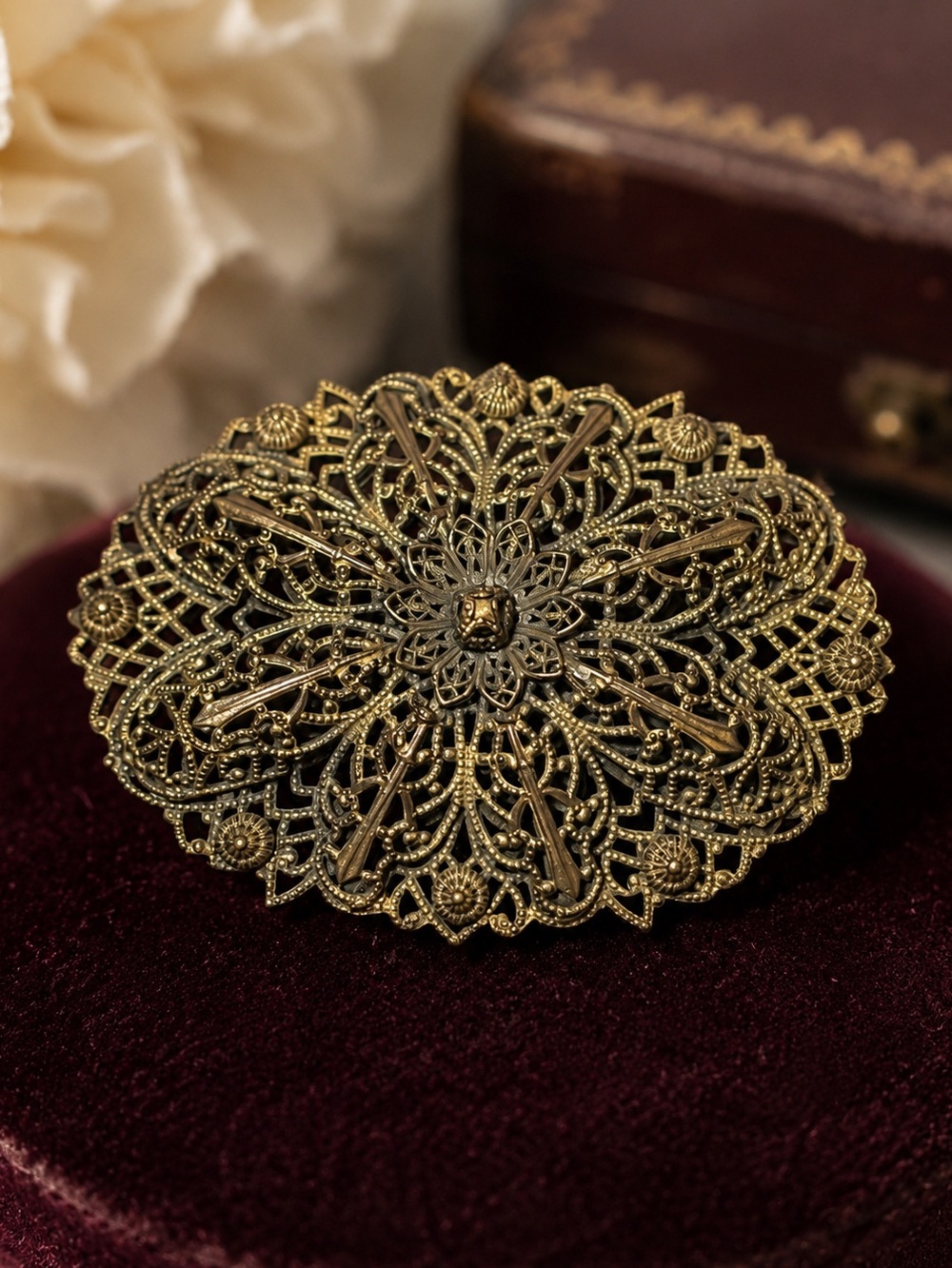 Antique Style Large Gold Tone Filigree Brooch Pin 3” Wide